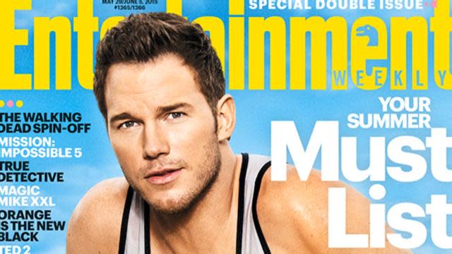 Chris Pratt isn't shy about showing off his blockbuster body. The lovable 35-year-old actor covers the latest issue of <em>Entertainment Weekly</em> in a wet tank top, the clingy fabric leaving little to the imagination when it comes to his sculpted torso. Lifting himself out of a pool lined with toy dinosaurs, Chris is promoting his highly anticipated <em>Jurassic World</em>, out June 12. <strong> PHOTOS: Matt Bomer Shows Off His 'Magic Mike XXL' Bod on the Beach </strong> Entertainment Weekly The former <em> Parks and Recreation</em> star says he's still getting used to his new superstar status, following the massive success of <em>Guardians of the Galaxy</em>. "I had one party I got invited to that was like an episode of <em>The Twilight Zone</em>," he recalls. "It was like every celebrity I've ever seen in my entire life. I thought it was going to be like <em>Eyes Wide Shut</em> and all of a sudden masks were gonna come out." Though obviously, Chris is now sitting comfortably on the A-list. And his celeb friends have no problem singing his praises. "You can't fake what he has," <em>Captain America</em> star Chris Evans tells the magazine of his close pal. "He's a very genuine, very sincere, very humble person. And I think most people are clever enough to see through people who are putting that on. That's just who he is. That's what's so damn likable about him." "Basically at this point I'm like, 'Chris Pratt for president,'" adds his <em>Jurassic World</em> co-star Bryce Dallas Howard. <strong>WATCH: Chris Pratt's Stripping Secret -- 'I Was Always Getting Naked'</strong> In February, both Pratt and Evans made everyone love them even more when they both visited Christopher's Haven -- an organization that provides a place for families of children being treated for cancer in nearby Boston hospitals -- after Pratt lost his big Super Bowl bet! Watch below: