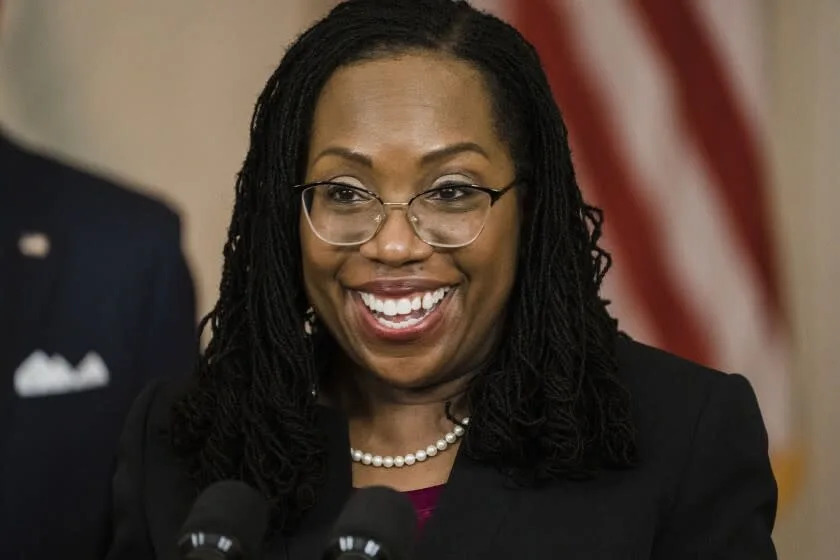 WASHINGTON, DC - FEBRUARY 25: Flanked by President Joe Biden and Vice President Kamala Harris, Judge Ketanji Brown Jackson delivers remarks on her nomination by President Biden to serve as Associate Justice of the United States Supreme Court from the Cross Hall of the White House on Friday, Feb. 25, 2022 in Washington, DC. Judge Jackson was picked by President Biden to be the first Black woman in United States history to serve on the nation&#39;s highest court to succeed Supreme Court Associate Justice Stephen Breyer who is retiring. (Kent Nishimura / Los Angeles Times)