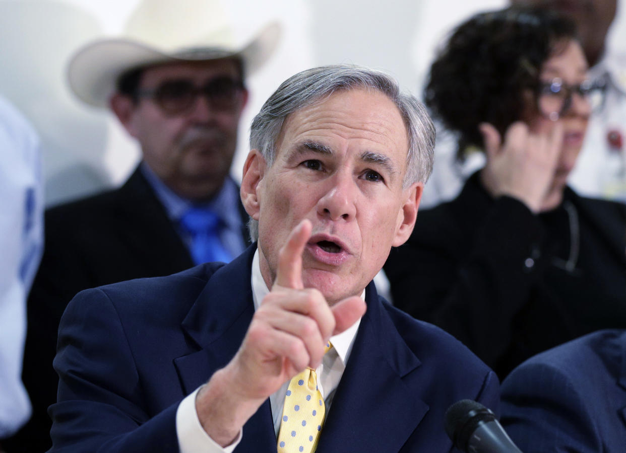 FILE - In this March 16, 2020 file photo, Texas Gov. Greg Abbott speaks during a news conference in San Antonio. Even before a strict abortion ban took effect in Texas this week, clinics in neighboring states were fielding more and more calls from women desperate for options. The Texas law, allowed to stand in a decision Thursday, Sept. 2, 2021 by the U.S. Supreme Court, bans abortions after a fetal heartbeat can be detected, typically around six weeks. (AP Photo/Eric Gay, File)