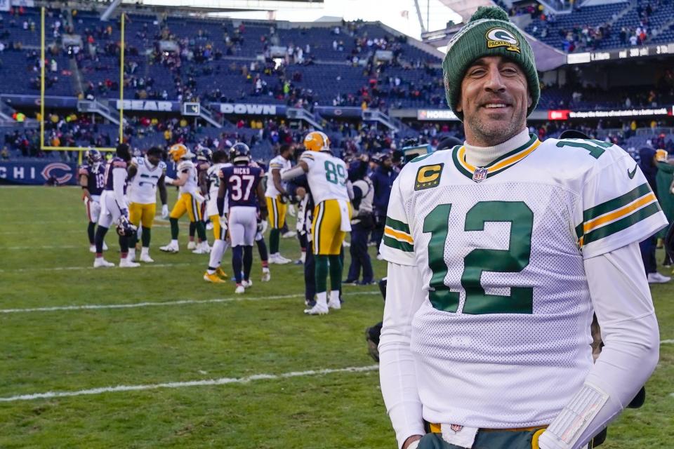 Green Bay Packers' Aaron Rodgers smiles after an NFL football game against the Chicago Bears Sunday, Dec. 4, 2022, in Chicago. The Packers won 28-19. (AP Photo/Charles Rex Arbogast)