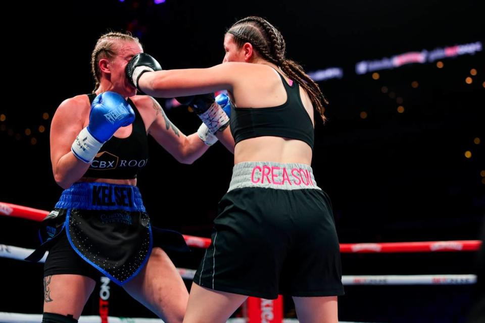 Jennah Creason lands a punch in her boxing debut in Las Vegas on Saturday, Aug. 10, 2024.