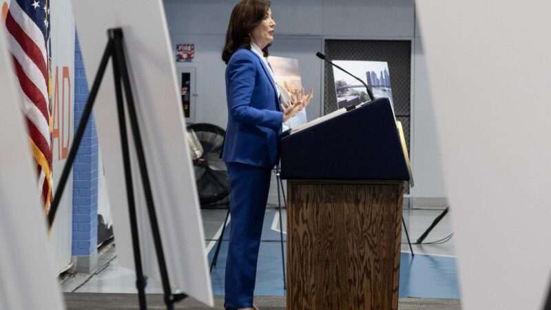 New York Governor Kathy Hochul giving an address