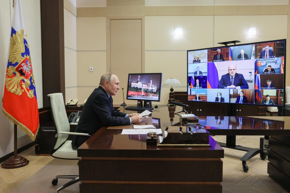 Russian President Vladimir Putin attends a cabinet meeting via videoconference at the Novo-Ogaryovo residence outside Moscow, Russia, Wednesday, March 29, 2023. (Gavriil Grigorov/Sputnik Kremlin Pool Photo via AP)