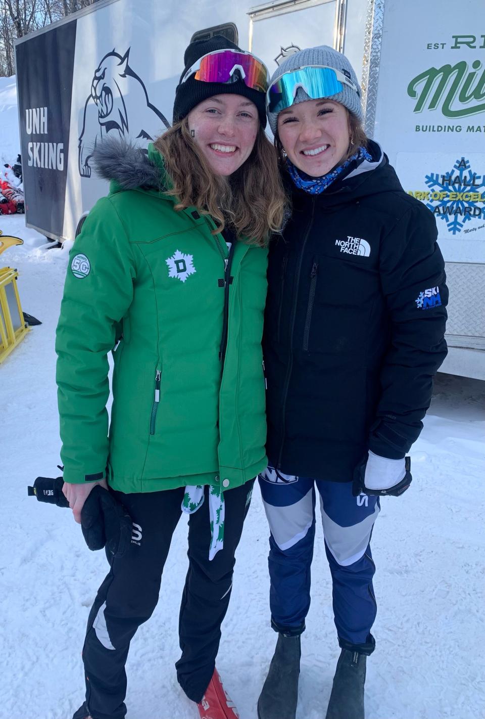 Ava Thurston, left, and Hattie Barker pose after learning they qualified for the Junior World Ski Championships during the U.S. national championships in Houghton, Michigan, on Jan. 6, 2023.