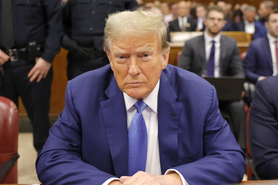 Former President Donald Trump sits in Manhattan Criminal Court on Monday, May 20, 2024 in New York. (Michael M. Santiago/Pool Photo via AP)