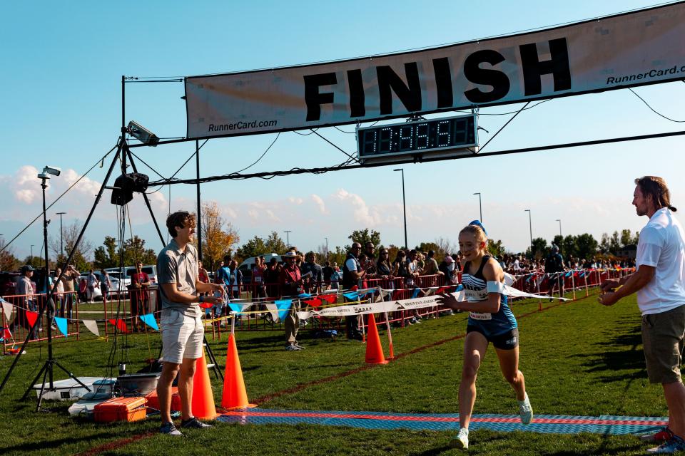 Carbon High School’s Rozlyn Stowe finishes first in the 3A girls state high school cross-country championships at the Regional Athletic Complex in Salt Lake City on Tuesday, Oct. 24, 2023. | Megan Nielsen, Deseret News