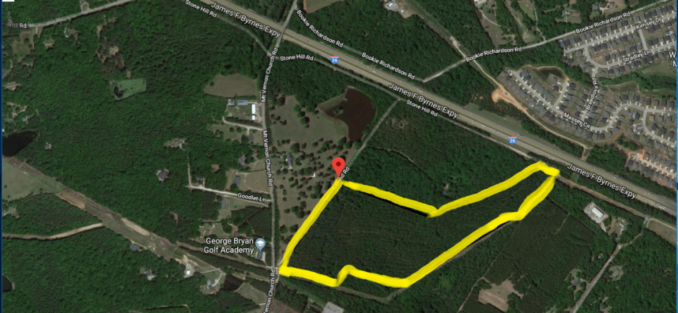 Photo illustration of the property Lexington-Richland 5 purchased between 2010 and 2011 on Derrick Pond Road, shown via Google Maps. The district had planned to use the site to build a new elementary school to alleviate overcrowding in the Chapin area, but the school was never built.