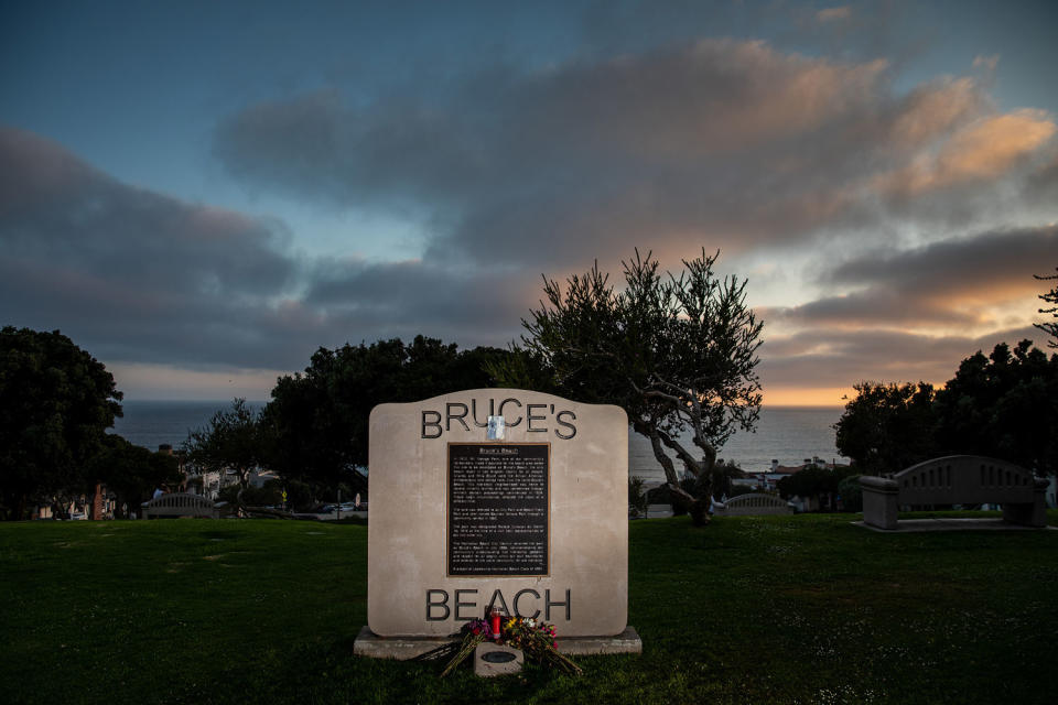 The sign and memorial for Bruce's Beach (Jay L. Clendenin / Los Angeles Times via Getty Images file)
