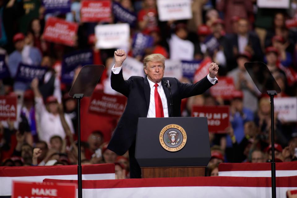 US President Donald Trump speaks to a crowd of supporters at a Make America Great Again rally on April 27, 2019 in Green Bay, Wisconsin.