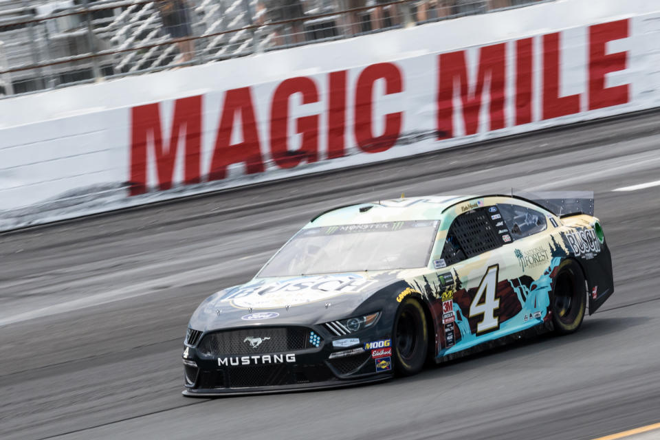 LOUDON, NH - JULY 20: Kevin Harvick driver of the #4 Busch Beer/National Forest Foundation Ford races through turn 2 during Saturday's final practice session for Sunday's Foxwoods Resort Casino 301 race on July 20, 2019, at New Hampshire Motor Speedway in Loudon, NH. (Photo by David Hahn/Icon Sportswire via Getty Images)