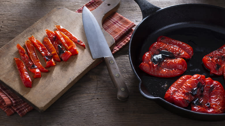 roasted red peppers in pan