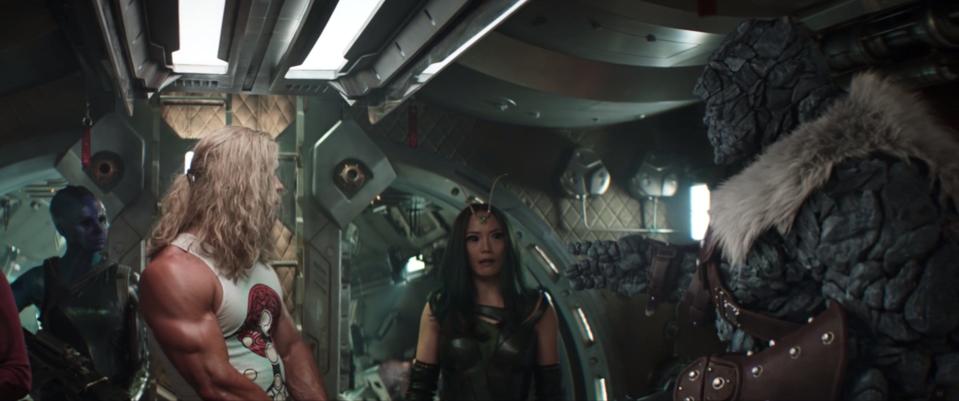 Chris Hemsworth, Pom Klementieff, and Taika Waititi in "Thor: Love and Thunder."