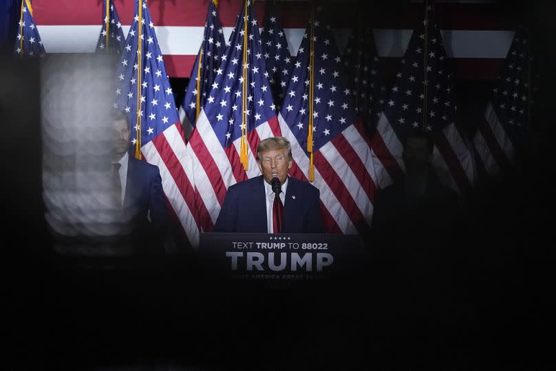 Republican presidential candidate former President Donald Trump speaks at a caucus night party in Des Moines, Iowa, Monday, Jan. 15, 2024.