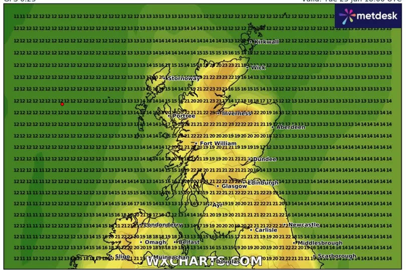 The mercury could reach near 30C in parts of Scotland on June 25 -Credit:WXCharts