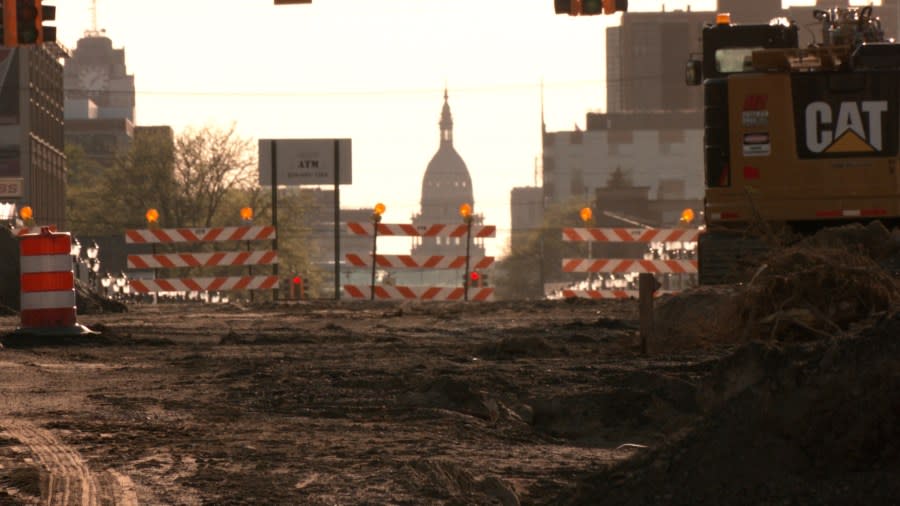 Looking west down Michigan Ave. May 1, 2024 as construction consumes more the area’s roads. (WLNS)