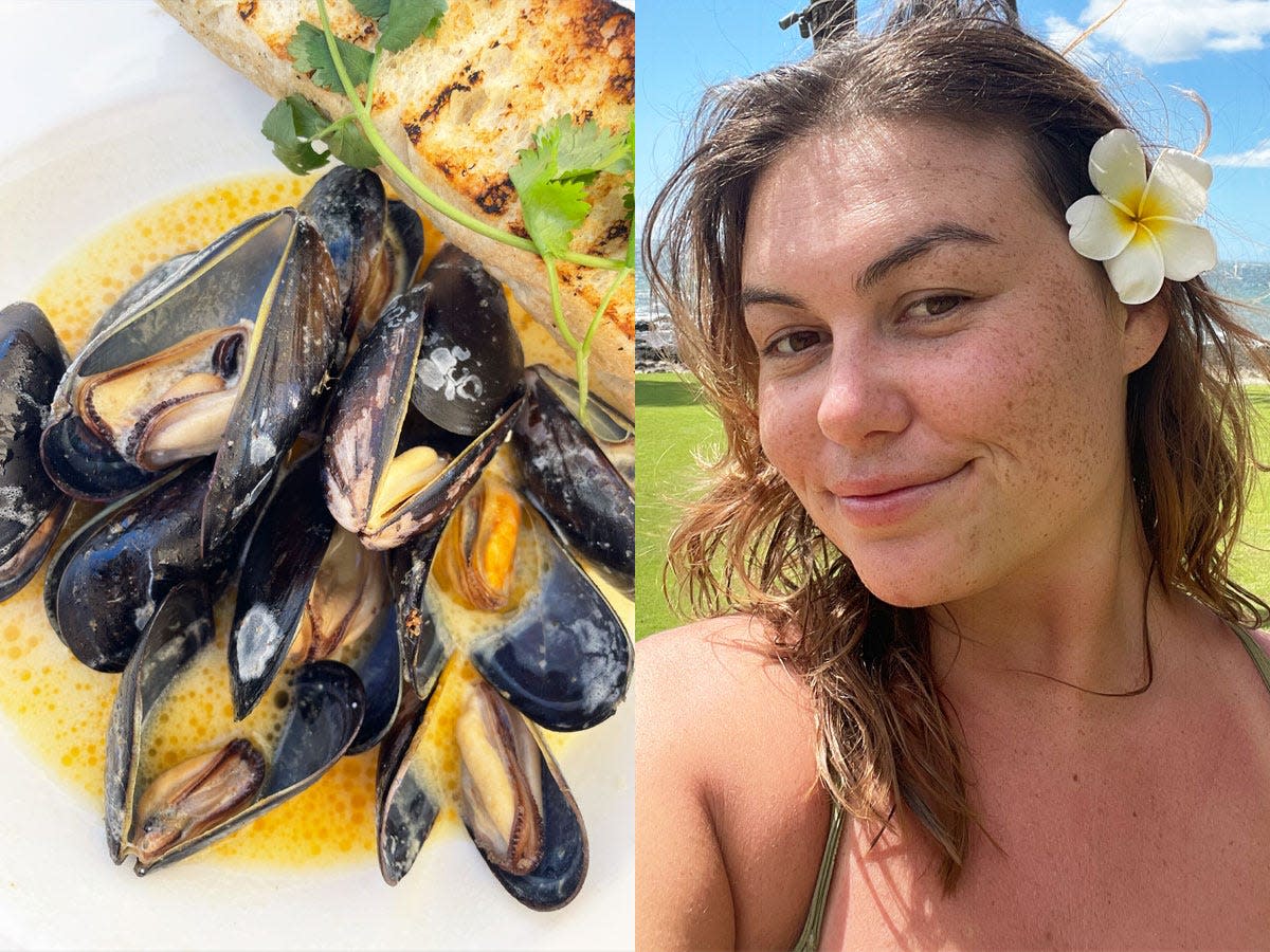 mussels from maui, Teaghan Skulszki with flowers in her hair