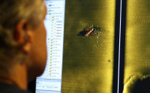 Rob Kraft, director of undersea operations at Vulcan Inc., reviews sonar scans of a warship from the World War II Battle of Midway that was found by his crew on the research vessel Petrel, Sunday, Oct. 20, 2019, off Midway Atoll in the Northwestern Hawaiian Islands. (AP Photo/Caleb Jones)