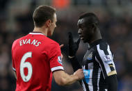 Football - Newcastle United v Manchester United - Barclays Premier League - St James' Park - 4/3/15 Manchester United's Jonny Evans clashes with Newcastle's Papiss Cisse Action Images via Reuters / Lee Smith Livepic EDITORIAL USE ONLY. No use with unauthorized audio, video, data, fixture lists, club/league logos or "live" services. Online in-match use limited to 45 images, no video emulation. No use in betting, games or single club/league/player publications. Please contact your account representative for further details.