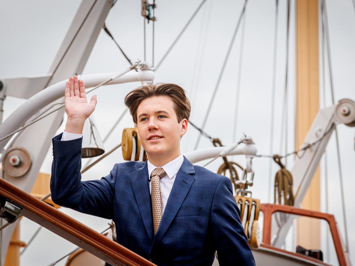 Prince Christian of Denmark arrives at the Royal yaught Dannebrog for a lunch during the 50 years anniversary of Her Queen Margrethe II of Denmark accession to the throne at on September 10, 2022.