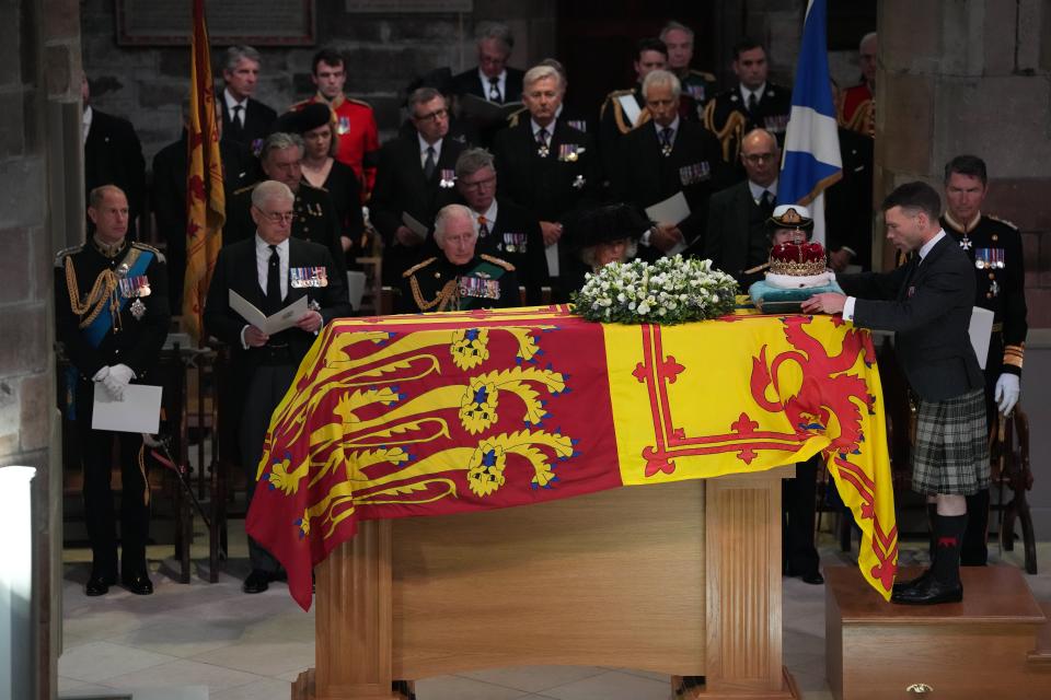 The Duke of Hamilton places the Crown of Scotland on the late Queen’s coffin during the service at St Giles’ Cathedral (PA Wire)