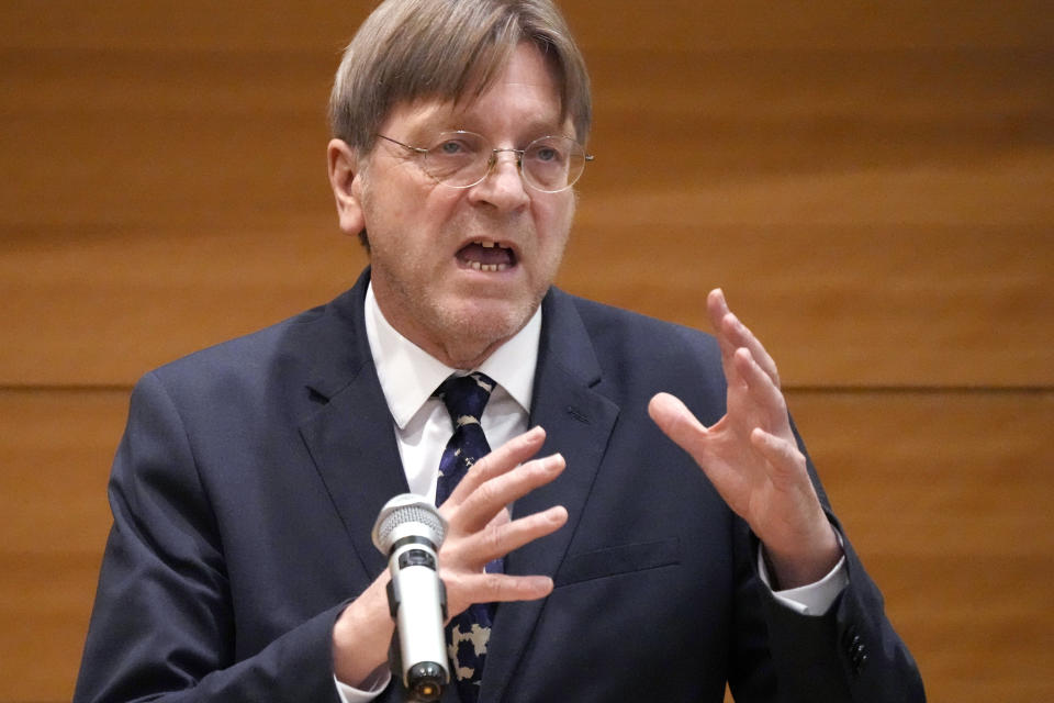 Former Prime Minister of Belgium Guy Verhofstadt delivers speech during a symposium of the Inter-Parliamentary Alliance on China at the Diet Members Friday, Feb. 17, 2023, in Tokyo. (AP Photo/Eugene Hoshiko)