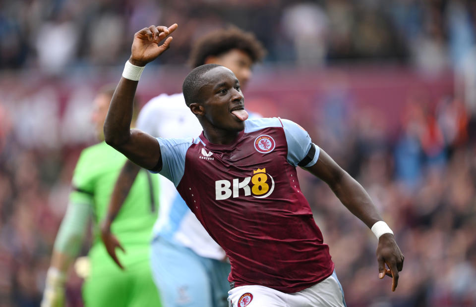 BIRMINGHAM, ENGLAND - SEPTEMBER 16: Moussa Diaby of Aston Villa celebrates after scoring the team's first goal before being disallowed for offside following a VAR review during the Premier League match between Aston Villa and Crystal Palace at Villa Park on September 16, 2023 in Birmingham, England. (Photo by Laurence Griffiths/Getty Images)