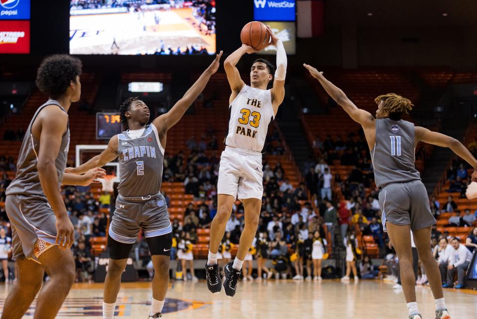 Parkland's Julian Moreno (33) shoots the ball at the Class 5A regional quarterfinal basketball game against Chapin on Tuesday, Feb. 28, at the Don Haskins Center.