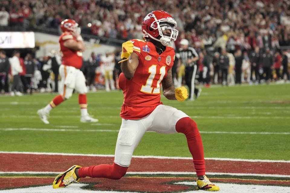 Kansas City Chiefs wide receiver Marquez Valdes-Scantling (11) celebrates after the NFL Super Bowl 58 football game against the San Francisco 49ers, Sunday, Feb. 11, 2024, in Las Vegas. The Chiefs won 25-22 against the 49ers. (AP Photo/Eric Gay)