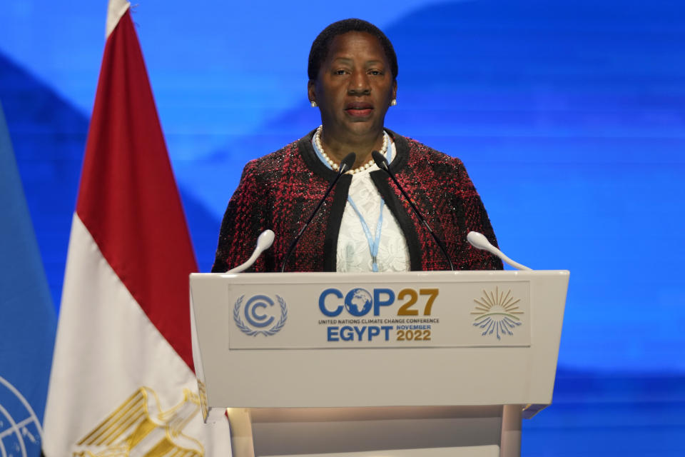 Pennelope Beckles, minister of planning and development of Trinidad and Tobago, speaks at the COP27 U.N. Climate Summit, Tuesday, Nov. 15, 2022, in Sharm el-Sheikh, Egypt. (AP Photo/Peter Dejong)