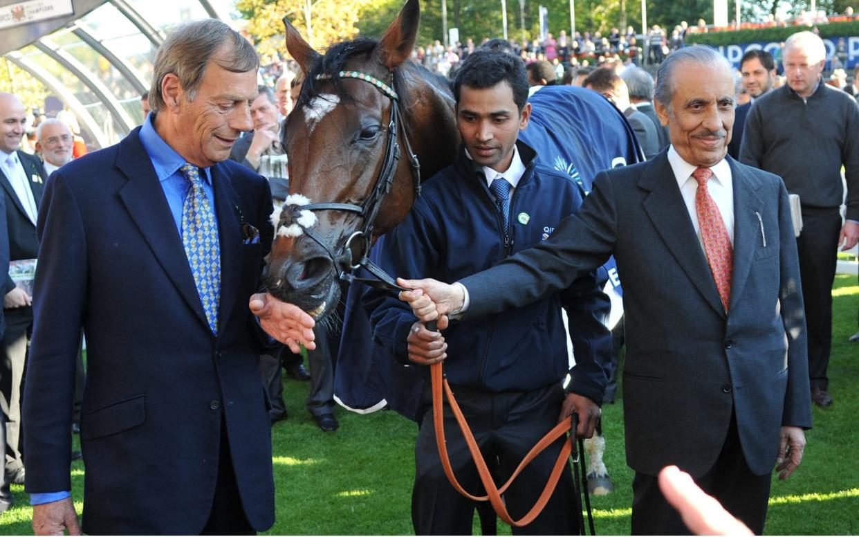 Prince Khalid Abdullah, right, and, left, the trainer Henry Cecil with Frankel after winning the Queen Elizabeth II stakes at Ascot, October 2011 - Hugh Routledge/Rex