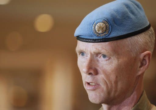 The UN mission chief in Syria Major General Robert Mood addresses journalists in Damascus, condemning the "brutal tragedy" in Houla