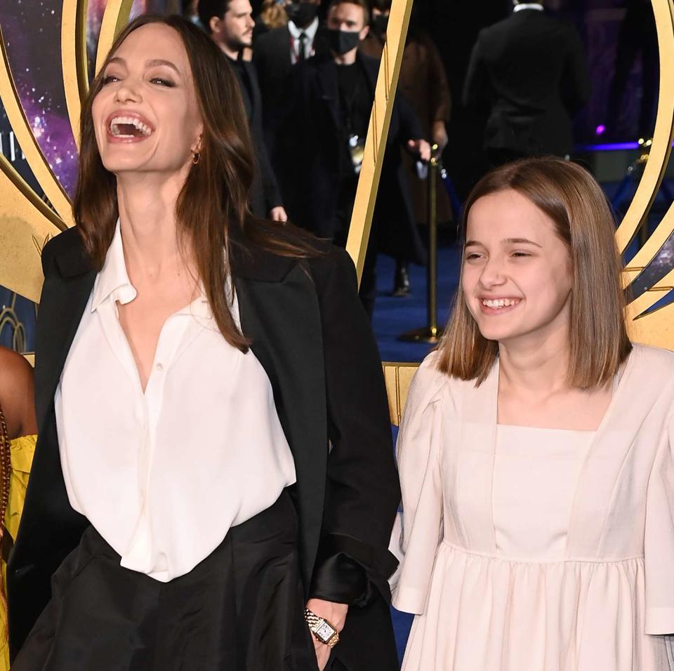 Angelina Jolie and Vivienne Jolie-Pitt attend the UK Gala Screening of "The Eternals" at the BFI IMAX Waterloo on October 27, 2021 in London, England