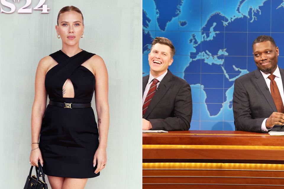 <p>Vittorio Zunino Celotto/Getty; Will Heath/NBC/Getty</p> Scarlett Johansson, Colin Jost and Michael Che on 