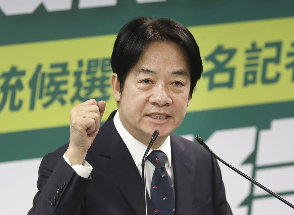 Taiwan's Vice President Lai Ching-te, also known as William Lai, delivers a speech during a press conference in Taipei, Taiwan, Wednesday, April 12, 2023. Taiwan’s pro-independence ruling Democratic Progressive Party nominated Lai as its candidate in the 2024 presidential election, two days after China concluded large-scale wargames around the self-governed island. (AP Photo/Chiang Ying-ying)