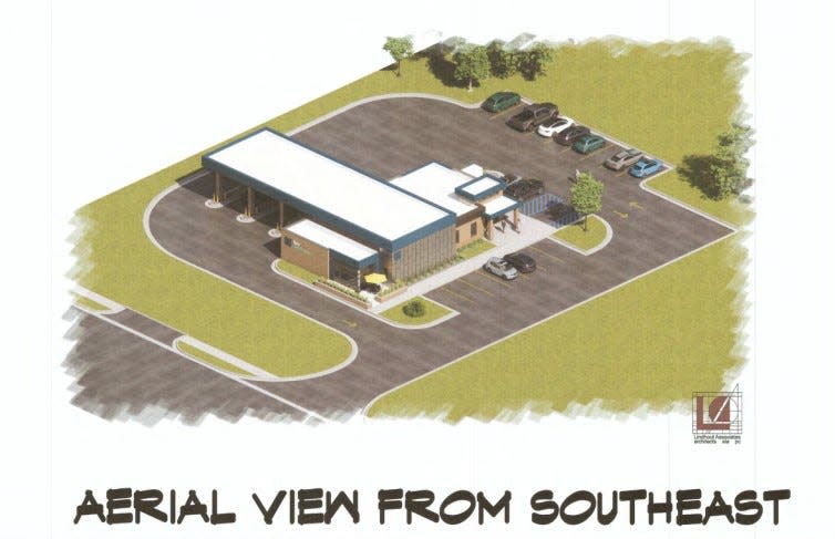 A rendering from Lindhout Associates shows an aerial view on the proposed LOC Credit Union to be located on Grand River Avenue in Brighton.