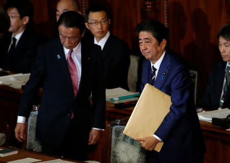 Japan's Prime Minister Shinzo Abe (R) and Deputy Prime Minister and Finance Minister Taro Aso attend the ordinary session of parliament in Tokyo, Japan, January 20, 2017. REUTERS/Toru Hanai