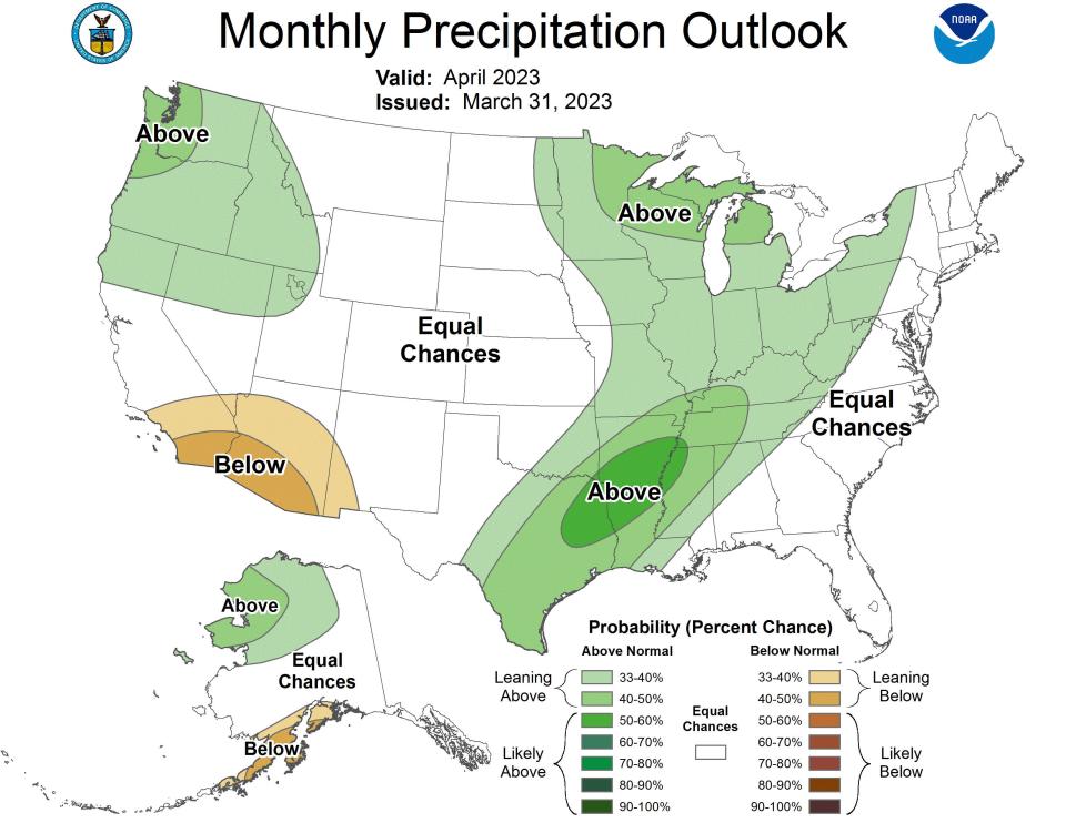 The National Weather Service's Climate Prediction Center is predicting above normal precipitation in Oregon for the month of April.