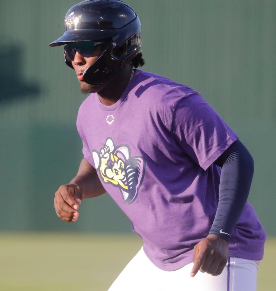 Fort Myers Mussels player Jose Rodriguez participates in running drills during an open team practice. The Fort Myers Mighty Mussels hosted a team Open House on April 2, 2024, to kickoff their season at Hammond Stadium at the Lee Health Sports Complex in Fort Myers.