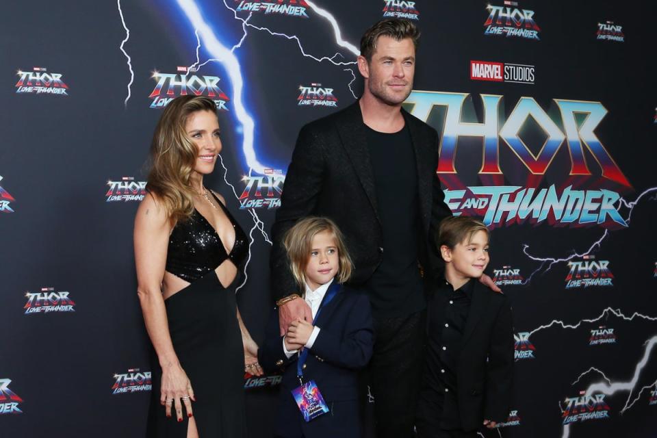 The actor pictured with wife Elsa Pataky, and their twin sons, Sasha and Tristan, in 2022 (Getty Images)
