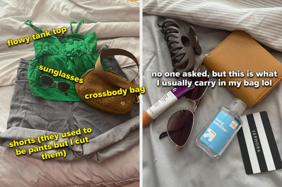 The left image displays an outfit that consists of a green tank top, a crossbody bag, sunglasses, and shorts. The right image shows a claw clip, a wallet, hand sanitizer, a gift card, and lip balm