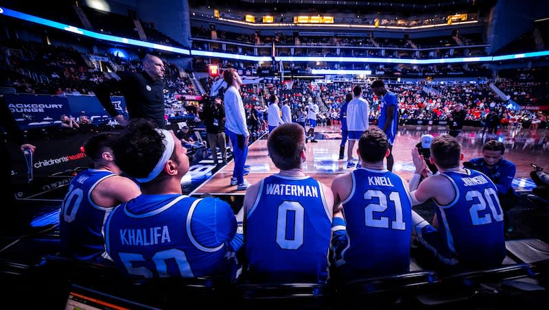 BYU players sit on the bench prior to Big 12 tournament game against Texas Tech on March 14, 2024, in Kansas City.