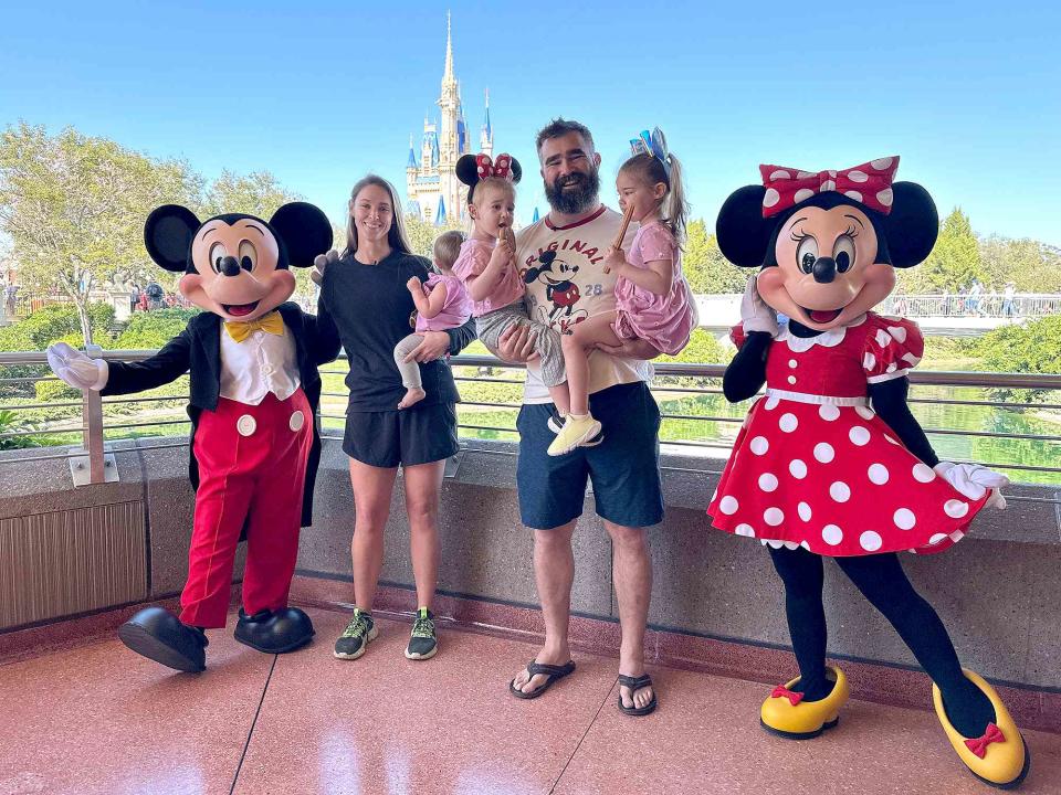 <p>NFL/Walt Disney World</p> Jason and Kylie Kelce with their three daughters at Disney World