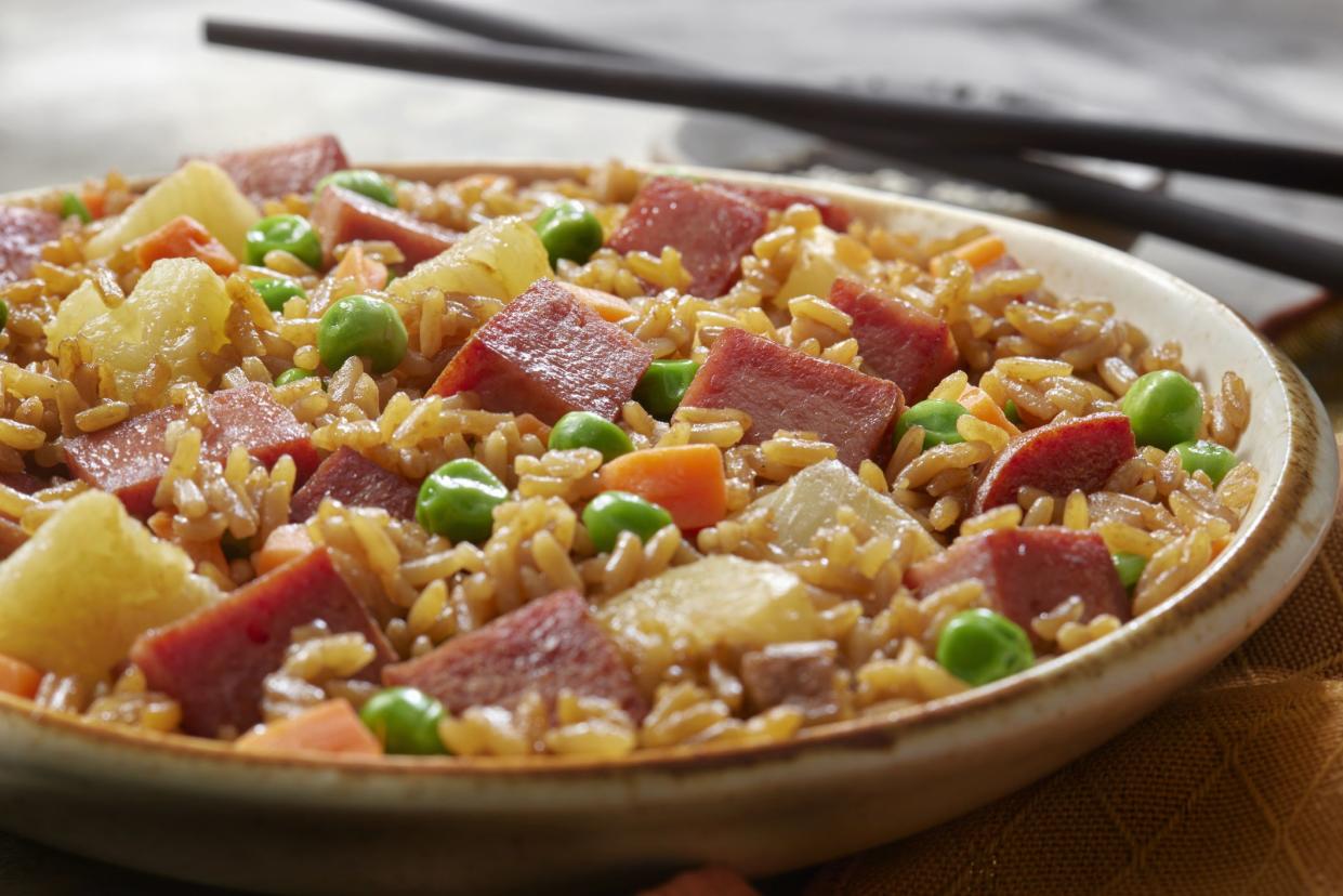 Hawaiian Style Fried Rice with Fried Canned Spiced Ham, Pineapple and Vegetables