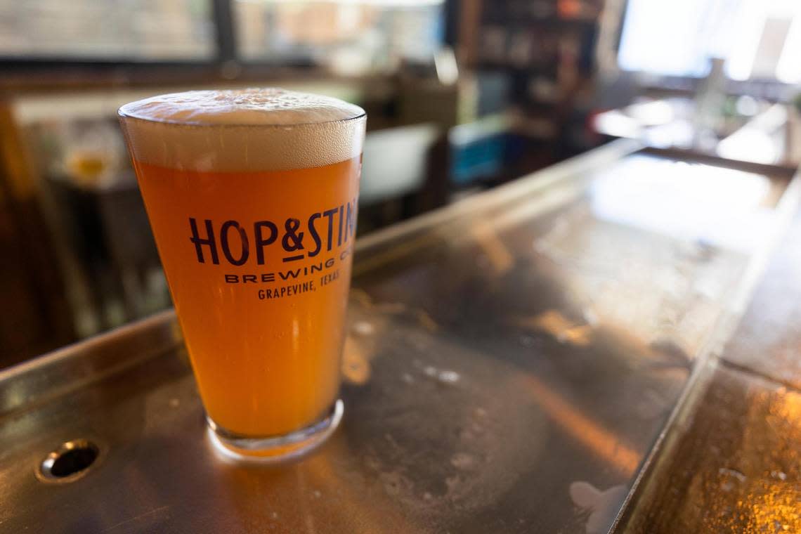 A Miracle Wheat beer at the Hop & Sting Brewing Co. taproom Thursday, May 26, 2022, in Grapevine. The brewery was selected as the reader’s choice in the Star-Telegram’s Best Brewery in Fort Worth competition.