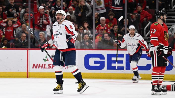 Alex Ovechkin scored his 800th goal on Tuesday, doing it in style with a hat trick in a blowout 7-3 win against the Chicago Blackhawks. (Reuters)