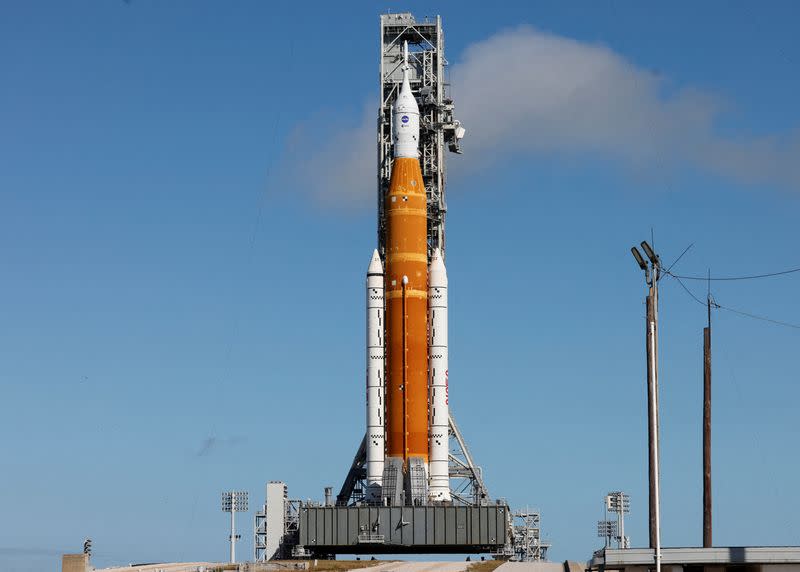 FILE PHOTO: NASA's next-generation moon rocket, the Space Launch System (SLS) rocket with its Orion crew capsule perched on top, is shown on its launch pad as it is prepared for launch in Cape Canaveral