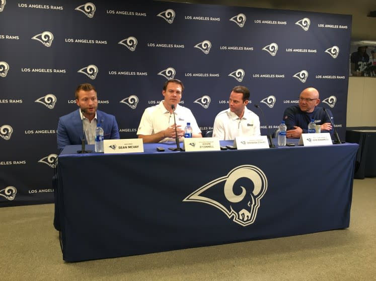 From left, Rams coach Sean McVay introduces Kevin O'Connell, Brandon Staley and John Bonamego in February 2020.