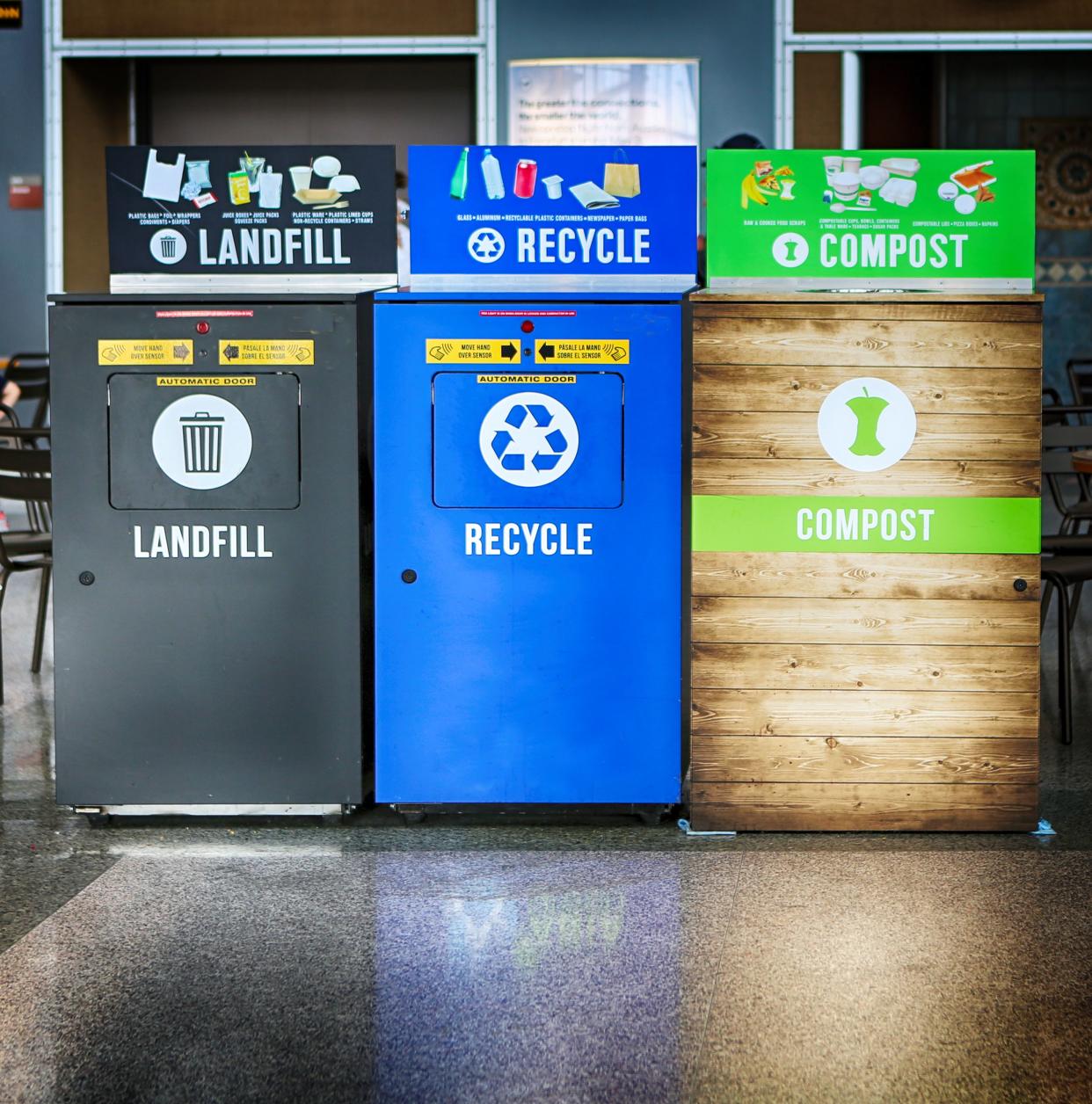 Recycling bins: landfill, recycle, compost