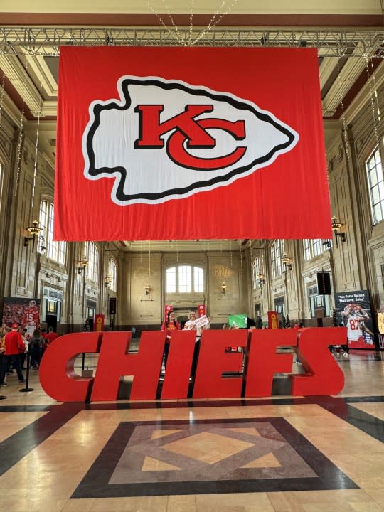 Chiefs logo and banner at Union Station in Kansas City before Super Bowl LVIII. (FOX4 photo)