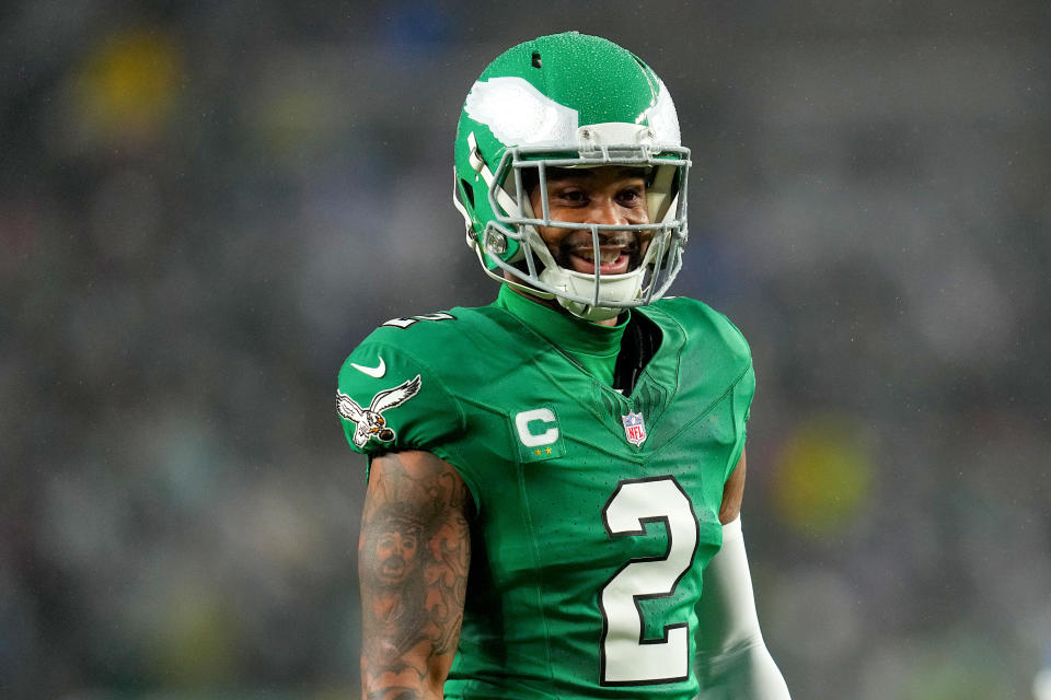 PHILADELPHIA, PENNSYLVANIA – NOVEMBER 26: Darius Slay #2 of the Philadelphia Eagles reacts during the first half of the game against the Buffalo Bills at Lincoln Financial Field on November 26, 2023 in Philadelphia, Pennsylvania. (Photo by Mitchell Leff/Getty Images)